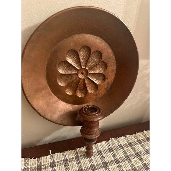 Vintage Copper & Wood Candle Holder With Flower Motif Primitive Decor - Picture 9 of 9